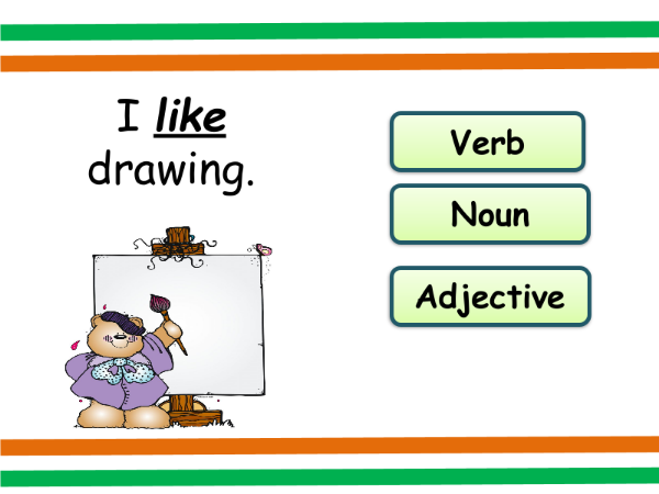 שקופית תרגול חלקי דיבר: I like drawing ובחירה בין Verb, Noun ו-Adjective
