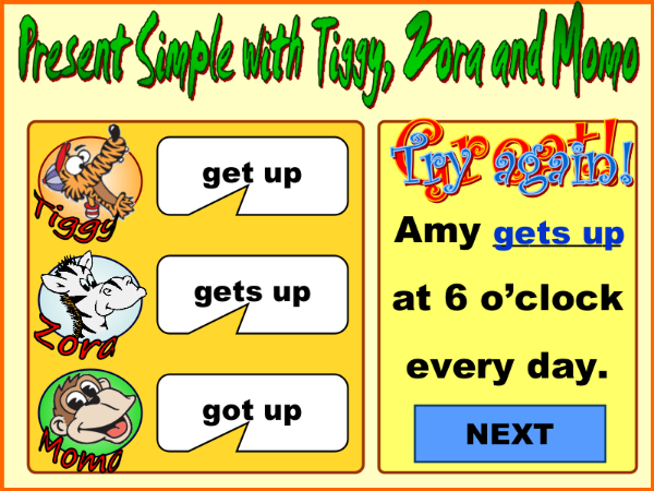 צילום מסך מתוך השקופית הראשונה של Present Simple with Tiggy, Zora and Momo: בחירה בין get up, gets up ו-got up.