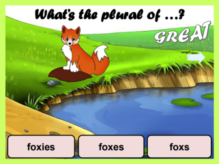 שקופית תרגול מתוך Plural game: איור שועל ושלוש אפשרויות לצורת הרבים