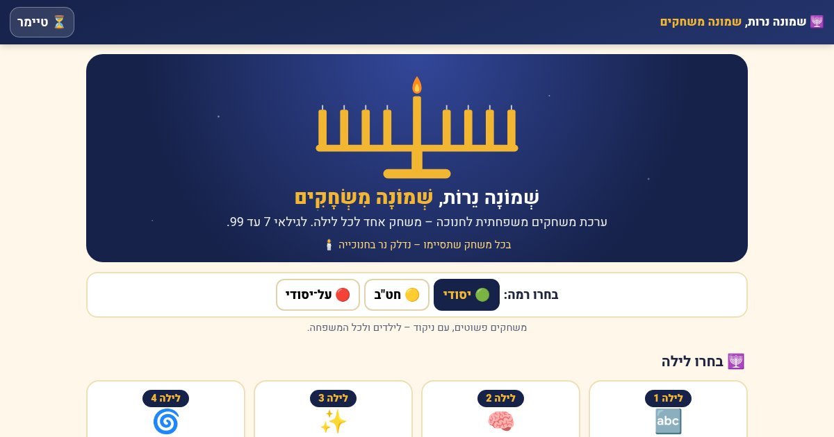 עמוד הפתיחה של שמונה נרות, שמונה משחקים – ערכת משחקים לחנוכה