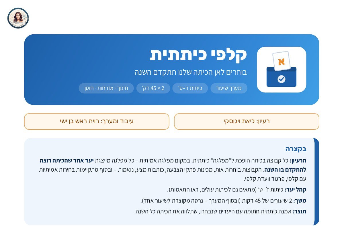 עמוד השער של מערך השיעור קלפי כיתתית – בוחרים לאן הכיתה שלנו תתקדם השנה