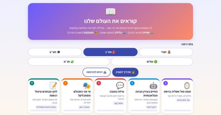 עמוד הפתיחה של קוראים את העולם שלנו – הבנת הנקרא בשלושה עומקים 📖