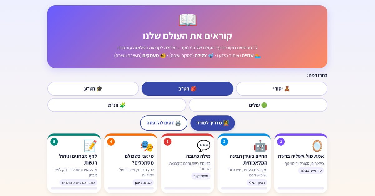 עמוד הפתיחה של קוראים את העולם שלנו – הבנת הנקרא בשלושה עומקים 📖