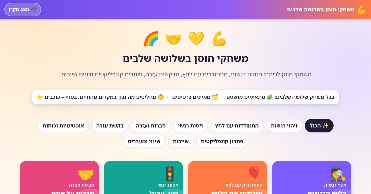 עמוד הפתיחה של משחקי חוסן בשלושה שלבים – רגשות, לחץ, עזרה ושייכות