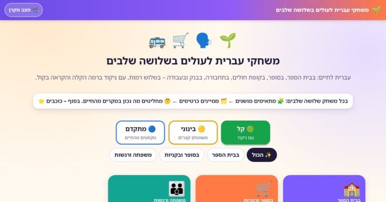 עמוד הפתיחה של משחקי עברית לעולים בשלושה שלבים – עברית לחיים