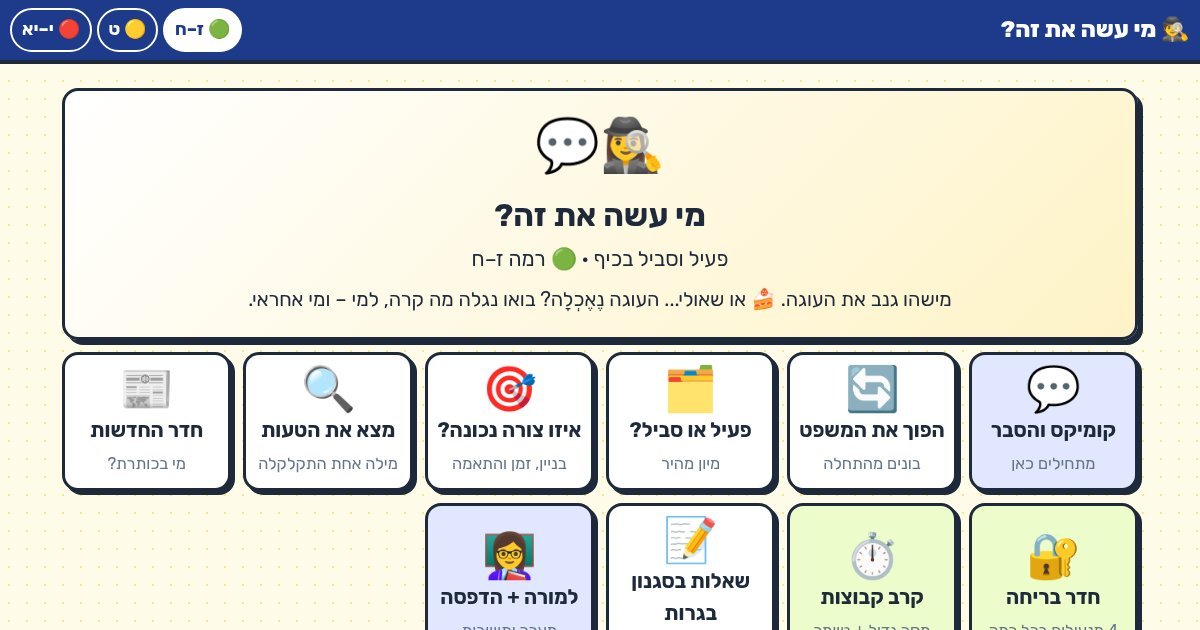 עמוד הפתיחה של מי עשה את זה? – פעיל וסביל: הסבר, משחקים וחדר בריחה