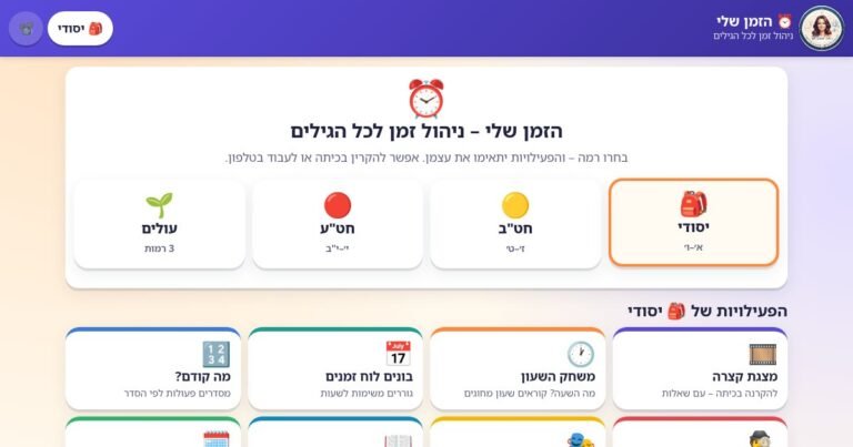 עמוד הפתיחה של הזמן שלי – ניהול זמן לכל הגילים: מצגות, משחקים ומתכננים