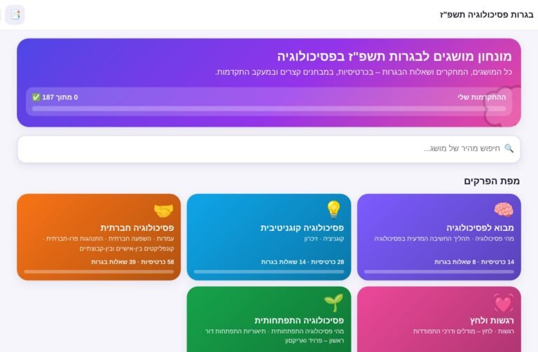 דף הבית של האפליקציה להכנה לבגרות פסיכולוגיה תשפ"ז